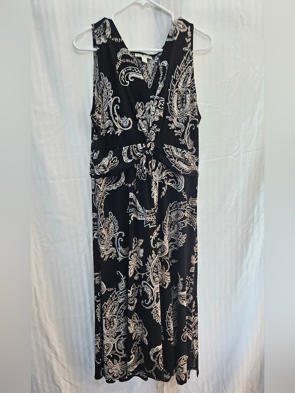 Dana Buchman Midi Dress - Black Cream Paisley Sleeveless Twist - Size L Large